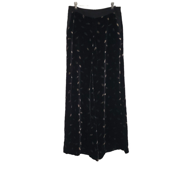 Anthropologie Elevenses Ultra Wide Leg Velvet Silk Pants Women's 6 Black Leaf - Picture 1 of 12